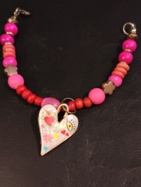Hand Crafted Pink & Red Beaded Bracelet with Enamel Heart Charm